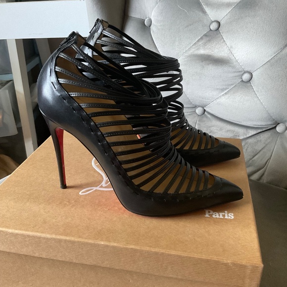 Christian Louboutin Black Leather Gortik 100 Booties Size 39.5 Caged Pump Kid - Picture 7 of 15